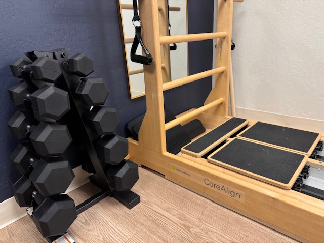 A calm studio with a mat, plant, and Pilates ball