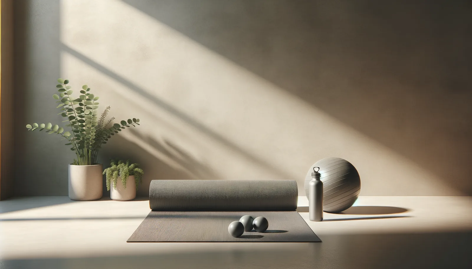 A calm studio with a mat, plant, and Pilates ball